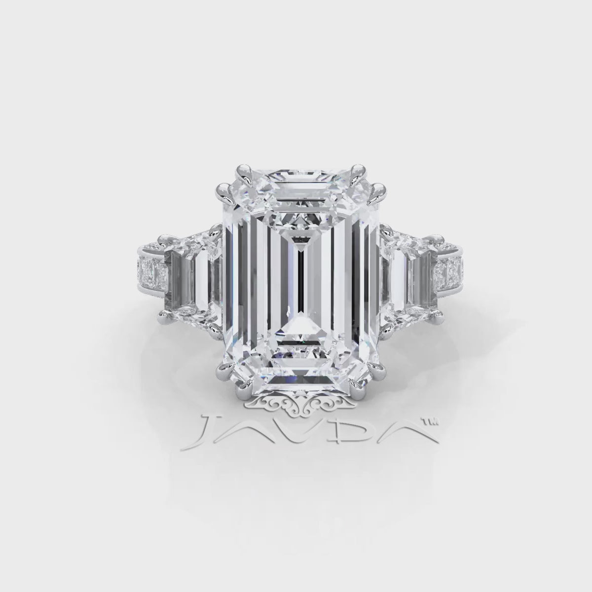 3 Stone Emerald Lab Grown Diamond Engagement Ring IGI 14k White Gold 6.57 Ctw.